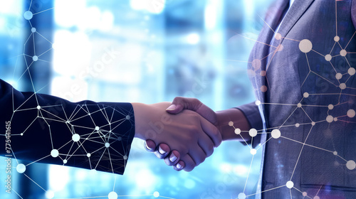 Two young business women in suits shaking hands on blurred lit office background with big data connections network and bokeh lights, in blue and white colors. 