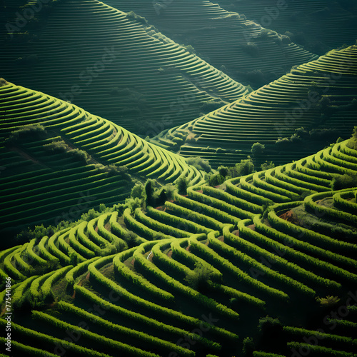 Rows of neatly planted vineyards.