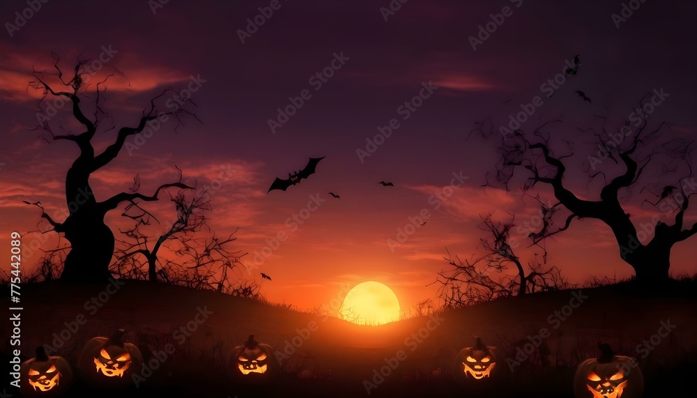 Halloween pumpkins illuminated by a sunset against a dark backdrop, creating a spooky and atmospheric scene
