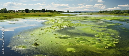 Thick arafly green algae blanket the calm waters of the lake, creating a mesmerizing natural sight with its vibrant color and texture. © AkuAku