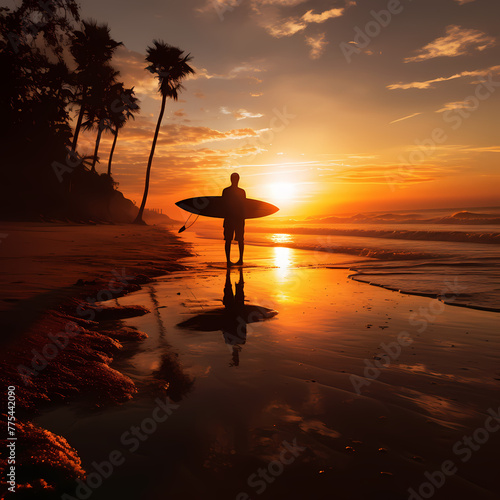 Silhouette of a lone surfer at sunset.
