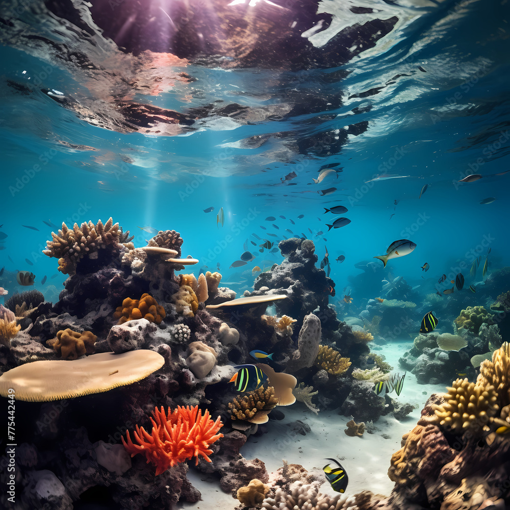 Submerged coral reef with diverse marine life.
