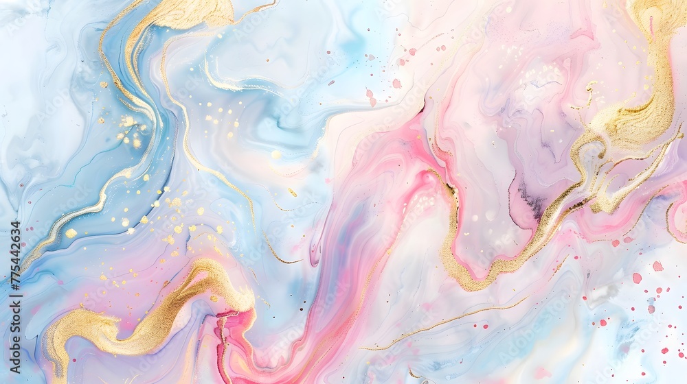 Pastel color swirling watercolor background with gold streaks. Marble stone texture grains. Art abstract paint.