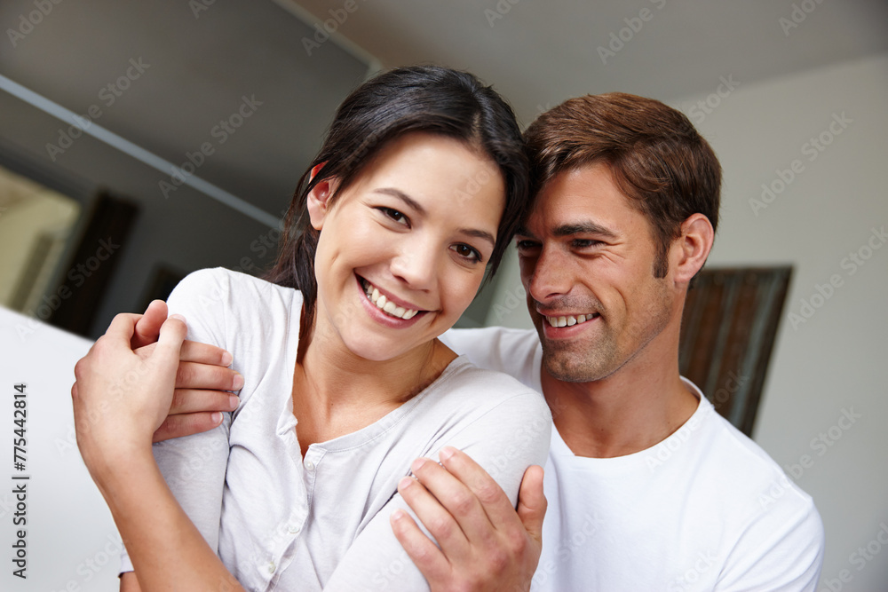 Happy, hug and portrait of couple in bedroom on holiday or vacation at hotel with love in marriage. Excited, man and woman together to relax in embrace with care and support in healthy partnership Happy, hug and portrait of couple in bedroom on holiday or vacation at hotel with love in marriage. Excited, man and woman together to relax in embrace with care and support in healthy partnership