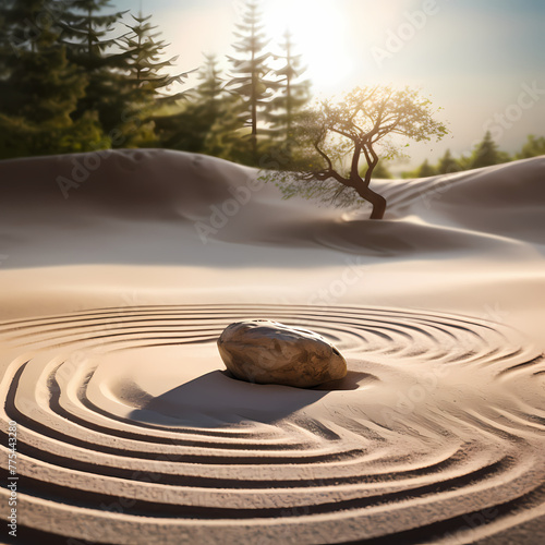 Tranquil zen garden with raked sand. 