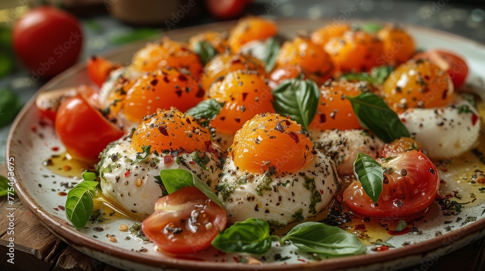 A close-up of a plate with tomatoes and mozzarella on top A close-up of a plate with tomatoes and mozzarella on top
