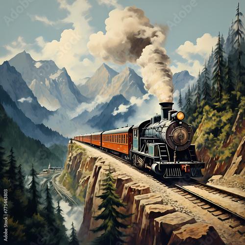 Vintage train traveling through a mountain pass. 