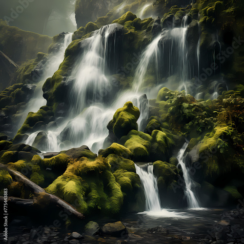 Waterfall cascading down mossy rocks. 