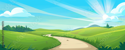 Beautiful summer fields landscape with green hills  road and sun on blue sky. Country rural background. Spring sunny meadow. Cartoon illustration in flat style for banner  wallpaper  card  poster