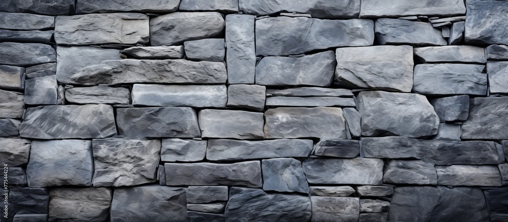 Fototapeta premium Rustic stone wall up close with a red fire hydrant standing in front, creating a striking urban contrast