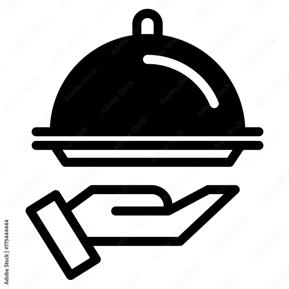 Obraz premium Covered food tray on a hand of hotel room service vector icon