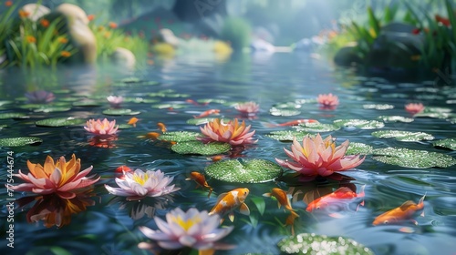 A tranquil pond with water lilies  koi fish visible beneath the still surface