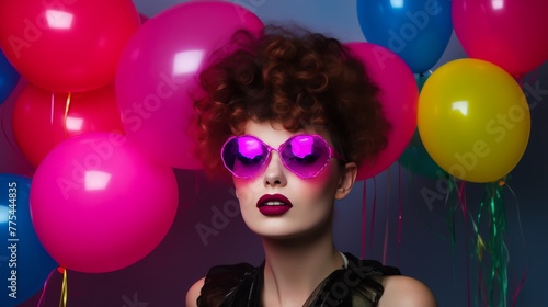 Birthday party 80's vibe with a bunch of retro balloons, fluorescent garlands and bright lipsticks on the background, no text, no captions, no advertisements, no people --ar 16:9 --quality 0.5 - © Zhanna