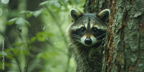 A curious raccoon peeking out from behind a tree in a lush forest, with its eyes wide and alert, greenery and raccoon's natural camouflage fitting together created with Generative AI Technology © Animals Creator