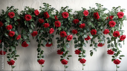   Red roses on white wall with greenery at the bottom