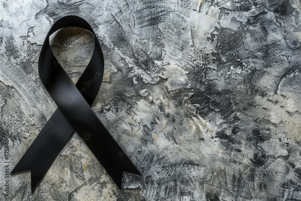 A black ribbon is tied to a wall