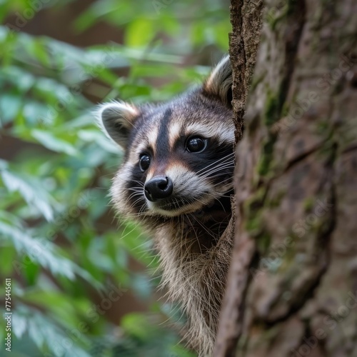 A curious raccoon peeking out from behind a tree in a lush forest, with its eyes wide and alert, greenery and raccoon's natural camouflage fitting together created with Generative AI Technology © Animals Creator