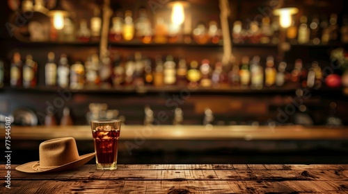 glass with whiskey on a wooden bar counter with a cowboy hat with bottles and unlit cigars in the background HD photo