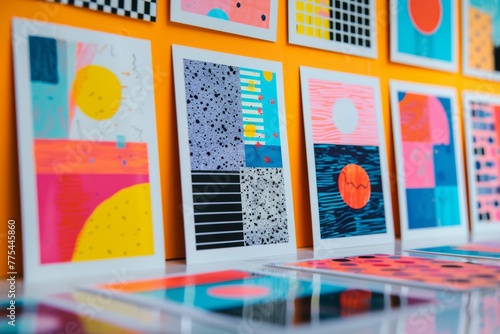 A row of colorful abstract paintings with a yellow sun in the middle. Risograph effect, trendy riso style