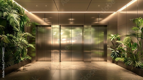 Steel elevator portals complemented by flora in a corporate hallway