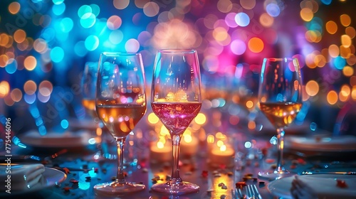 Party table with glittering details and colorful lights creating a lively mood