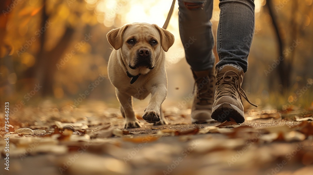 Dog and owner's feet walking together, sharp focus on the leash and paws