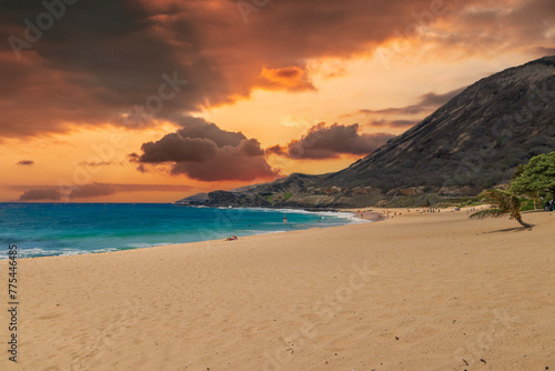 a beautiful spring landscape at Sandy Beach with blue ocean water, silky brown sand, people relaxing, palm trees and majestic mountain ranges in Honolulu Hawaii USA