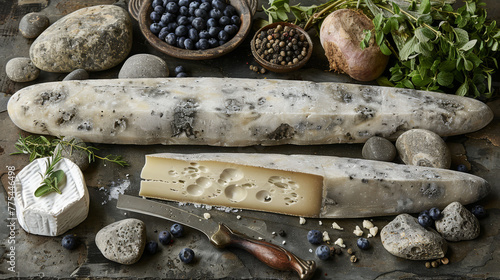   A slice of cheese resting atop a table alongside various berries, vegetables, and produce photo