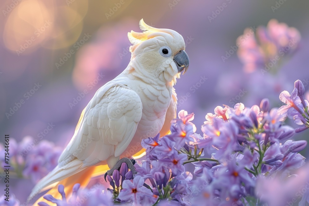 A white parrot is perched on a purple flower A white parrot is perched on a purple flower