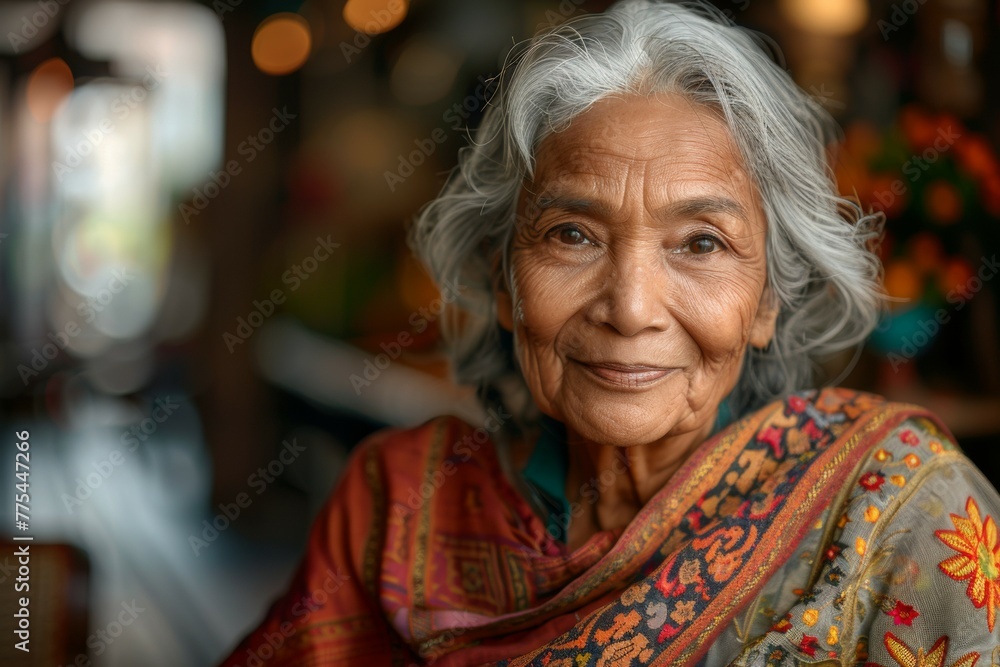 A woman with gray hair is smiling and wearing a colorful scarf A woman with gray hair is smiling and wearing a colorful scarf