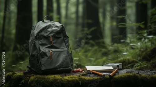 Gray backpack with a raincoat, a pocket knife and a book about adventures against the backdrop of a rainy forest, no text, no inscriptions, no advertisements --ar 16:9 --quality 0.5 --v 5.2 Job ID photo