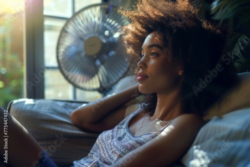 A woman with curly hair is laying on a couch in front of a fan