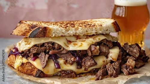 Gourmet steak and melted cheese sandwich served with a beer