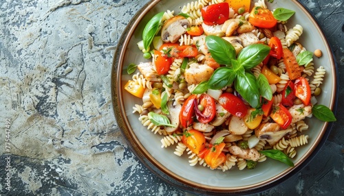 A colorful pasta salad with chicken  cherry tomatoes  and basil served on a ceramic plate
