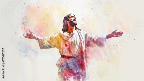 Abstract artistic rendition of Jesus with open arms in vibrant colors