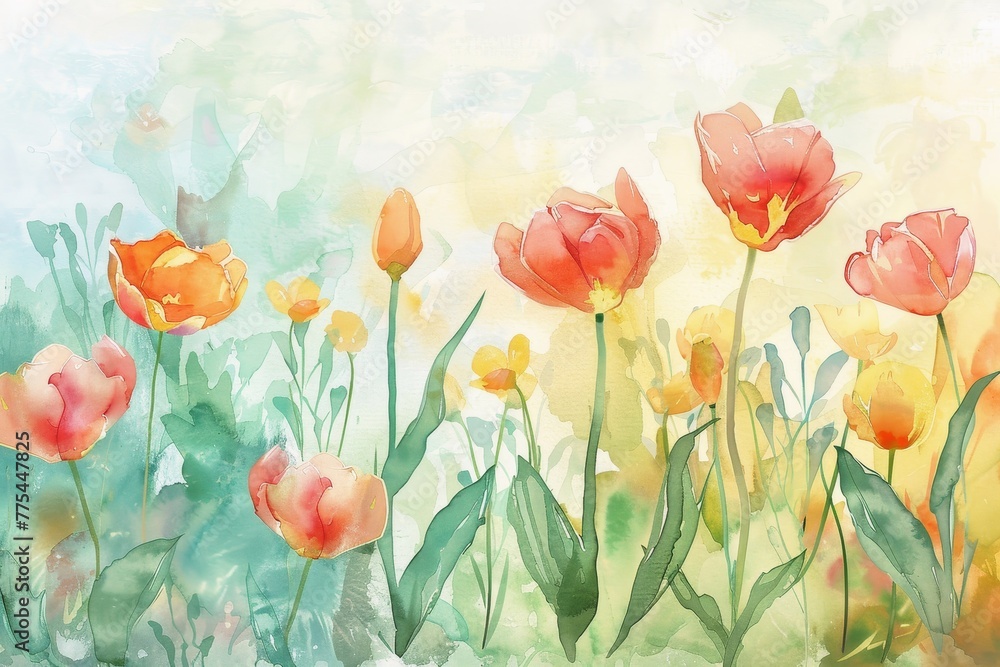 Watercolor of beautiful spring flowers on a beautiful meadow