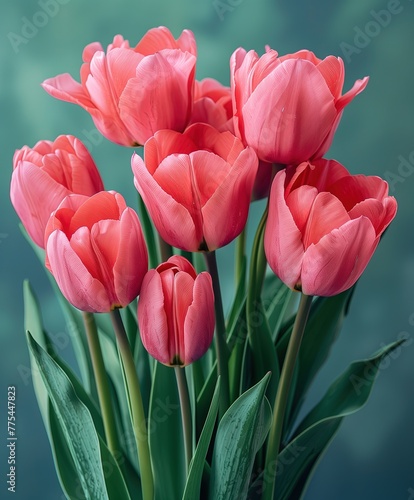 Isolated Pink Tulips on Green Background  Wall Art and Card Design