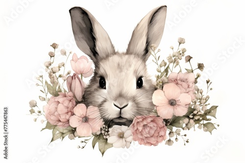 Cute rabbit surrounded by a beautiful wreath of colorful flowers on a white background