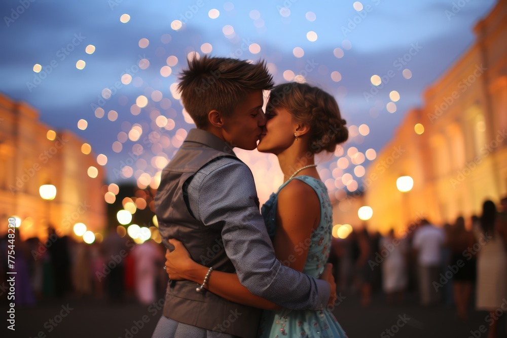 Romantic young couple sharing a kiss under the sparkling evening sky with dazzling fireworks Romantic young couple sharing a kiss under the sparkling evening sky with dazzling fireworks