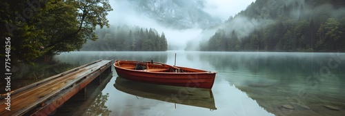 Rowing boats moored at the pier near mountain lake surrounded by misty forest 