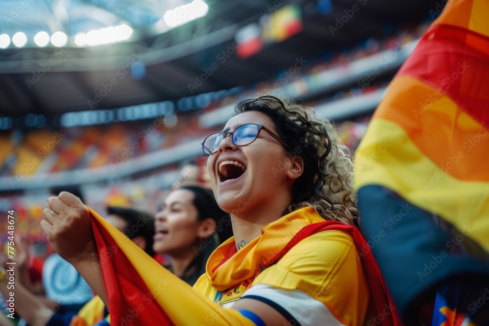 A woman is holding a rainbow flag and smiling. Football fan at the championship rejoices at a goal A woman is holding a rainbow flag and smiling. Football fan at the championship rejoices at a goal