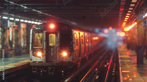 Warm tones highlight a subway train at station with soft-focused background