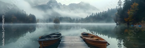 Rowing boats moored at the pier near mountain lake surrounded by misty forest
 photo