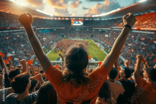 A woman is standing in a stadium full of people, cheering. Football fans support the team
