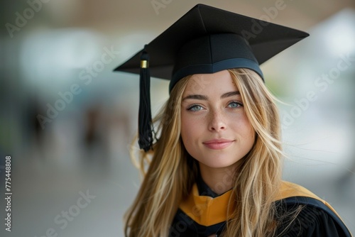 A woman wearing a black cap and gown with a gold trim