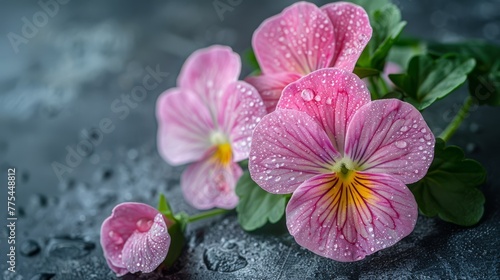  Pink flowers atop a table with rain-soaked leaves and water-drenched petals
