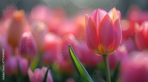   A pink tulip in focus against a blurry background of other pink tulips #775448880
