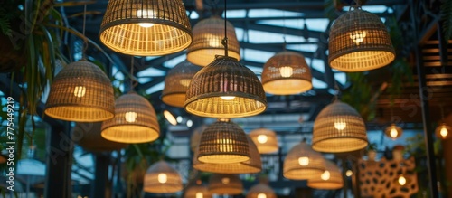 A cluster of lights hanging from a ceiling