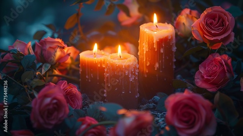 Gentle flames flickering on candles surrounded by fresh roses in twilight