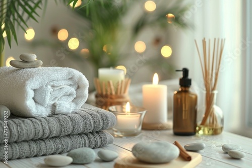 luxury spa treatment composition,beauty treatment and wellness background with massage stone, plants, essential oils, towels and burning candles,Candlelit Spa Ambiance